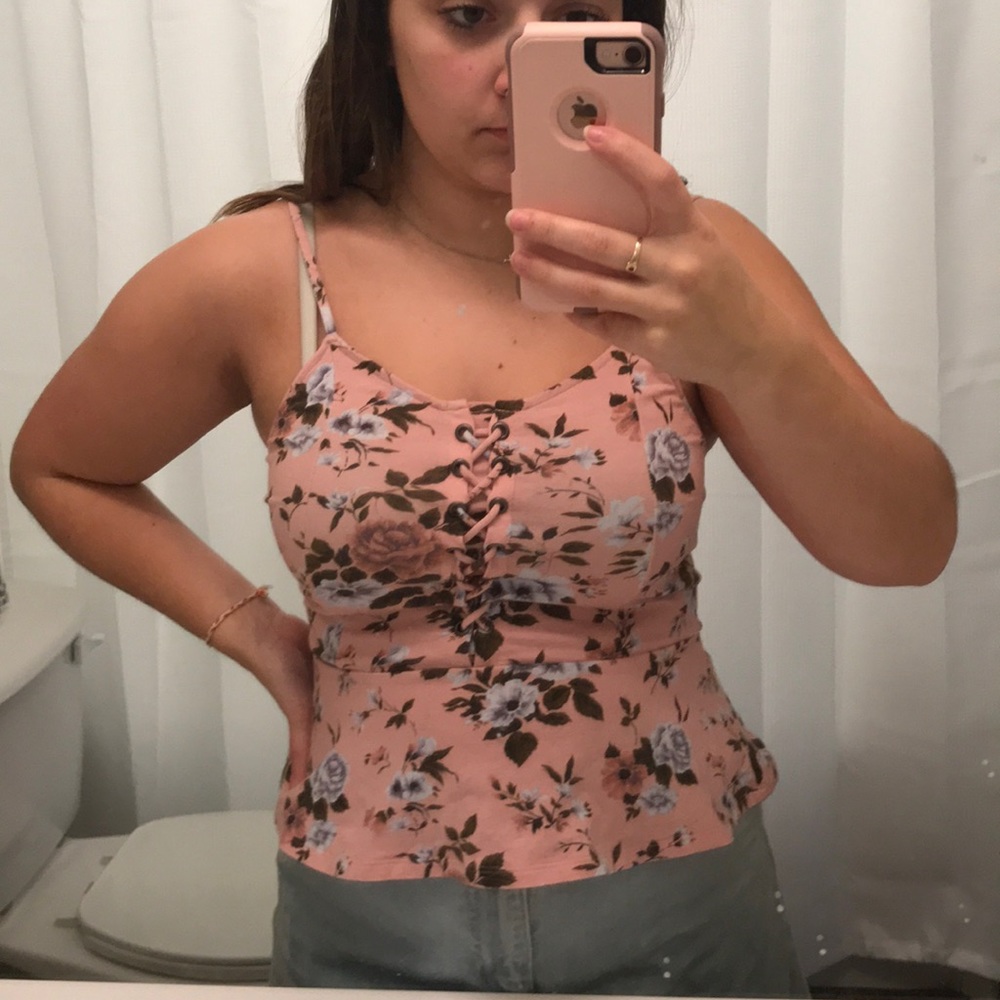 Floral pink tank top with lacing across the chest